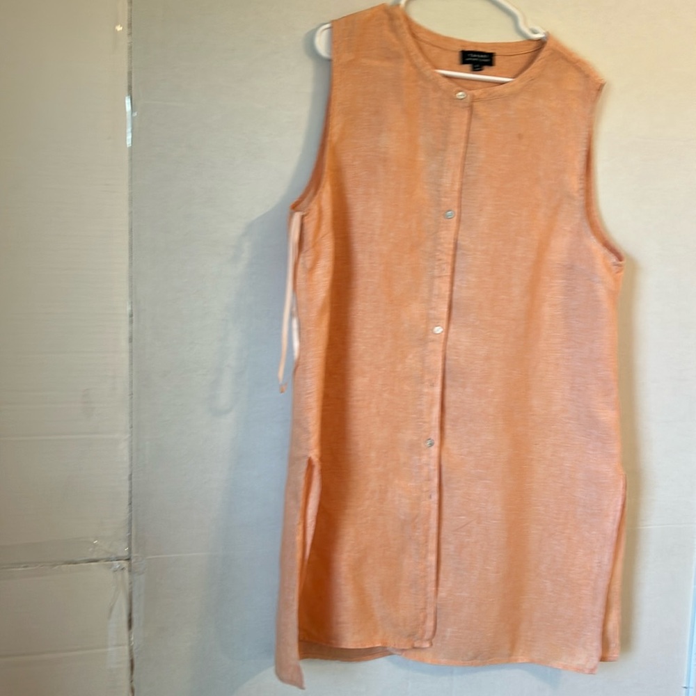 Tahari 100% Linen Sleeveless Rnd Neck Slit Sides Button Up Peach Tunic Top Sz XL